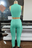 Green Sexy Solid Tassel Patchwork O Neck Sleeveless Two Pieces