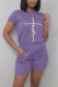 Purple Casual Print Patchwork O Neck Short Sleeve Two Pieces