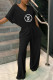 Black Fashion Casual Print Letter V Neck Loose Jumpsuits