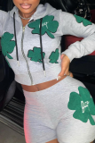 Grey Sexy Print Patchwork Hooded Collar Long Sleeve Two Pieces