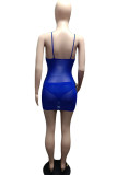 Blue Sexy Solid Split Joint See-through Spaghetti Strap Sleeveless Two Pieces