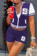 Dark Purple Fashion Casual Letter Print Patchwork Zipper Collar Short Sleeve Two Pieces