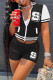 Black Fashion Casual Letter Print Patchwork Zipper Collar Short Sleeve Two Pieces
