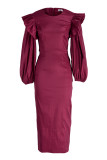 Burgundy Fashion Sexy Solid Patchwork Slit O Neck Lantern Sleeve Evening Dress
