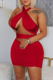 Red Fashion Sexy Solid Bandage Backless Halter Sleeveless Two Pieces