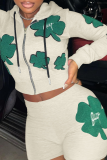 Green Sexy Print Patchwork Hooded Collar Long Sleeve Two Pieces