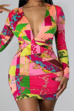 Red Fashion Sexy Print Split Joint V Neck Long Sleeve Dresses