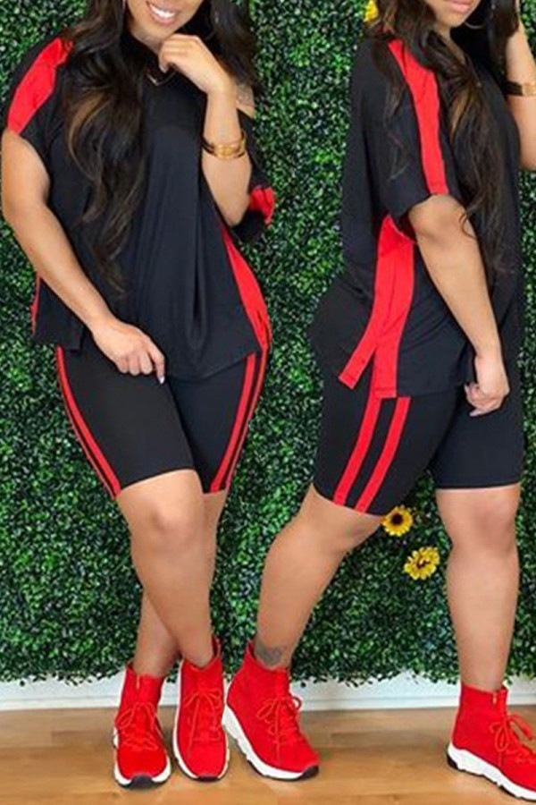 Black Casual Sportswear Solid Patchwork O Neck Short Sleeve Two Pieces