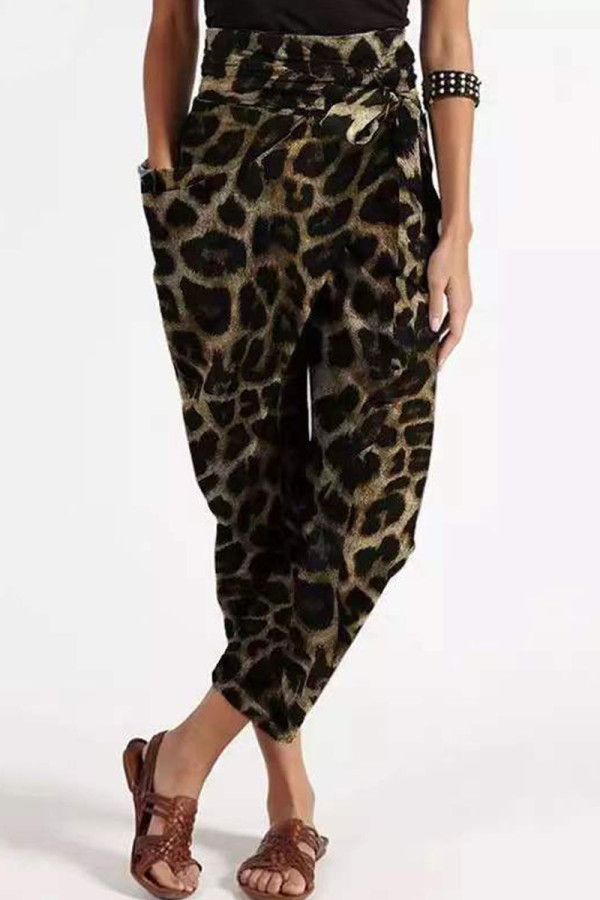 Coffee Casual Street Print Leopard Patchwork Loose High Waist Pencil Full Print Bottoms