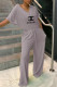 Grey Fashion Casual Print Letter V Neck Loose Jumpsuits