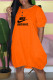 Orange Fashion Casual Print Letter O Neck Lantern Skirt Dresses