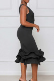 Black Fashion Sexy Solid Patchwork V Neck Evening Dress