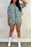 Pink Casual Striped Print Patchwork Buckle Half Sleeve Two Pieces