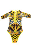 Yellow Sexy Print Bandage Hollowed Out Patchwork Swimwears
