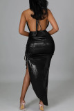 Black Elegant Solid Patchwork Asymmetrical Halter Dresses