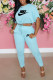 Light Blue Fashion Casual Print Letter O Neck Short Sleeve Two Pieces