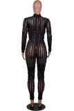 Black Fashion Street Adult Solid See-through O Neck Skinny Jumpsuits