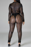 Black Fashion Street Adult Solid See-through O Neck Skinny Jumpsuits