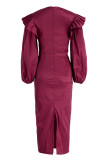 Burgundy Fashion Sexy Solid Patchwork Slit O Neck Lantern Sleeve Evening Dress