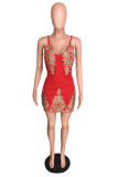 Red Fashion Sexy Embroidery Backless V Neck Sling Dress