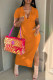 Tangerine Red Sexy Solid Patchwork Slit Turndown Collar Dresses
