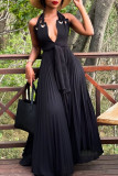 Black Sexy Solid Patchwork Fold Halter A Line Dresses