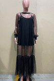 Black Sexy Solid Patchwork See-through O Neck Long Sleeve Two Pieces
