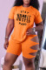 Tangerine Red Sexy Print Hollowed Out Patchwork O Neck Short Sleeve Two Pieces