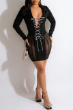 White Fashion Sexy Solid Patchwork See-through V Neck Long Sleeve Dresses