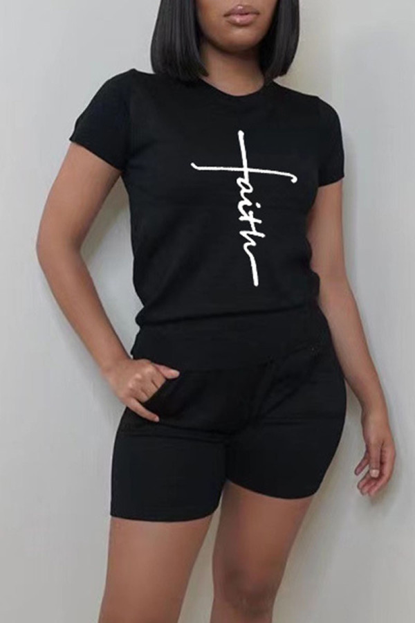Black Casual Print Patchwork O Neck Short Sleeve Two Pieces