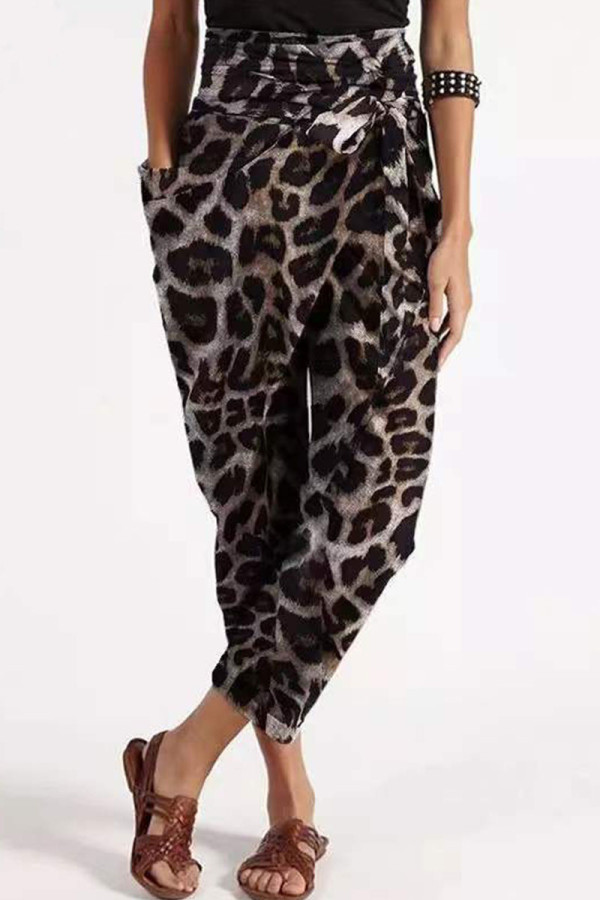Khaki Casual Street Print Leopard Patchwork Loose High Waist Pencil Full Print Bottoms