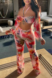 Pink Sexy Print Patchwork Halter Long Sleeve Two Pieces