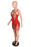Red Fashion Sexy Embroidery Backless V Neck Sling Dress