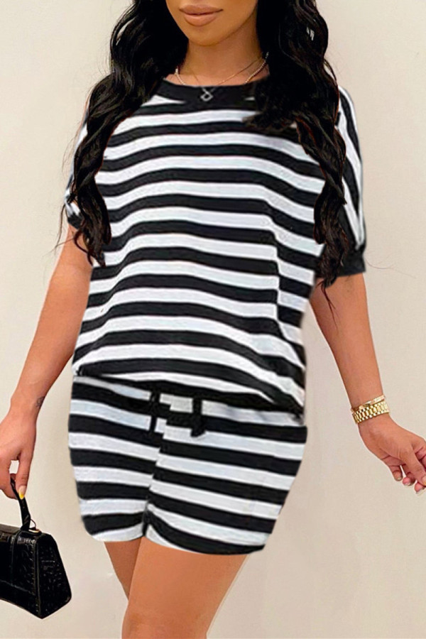 Black Fashion Casual Striped Print Basic O Neck Short Sleeve Two Pieces