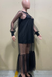 Black Sexy Solid Patchwork See-through O Neck Long Sleeve Two Pieces