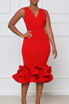 Red Fashion Sexy Solid Split Joint V Neck Evening Dress