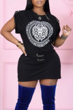Black Casual Print Patchwork O Neck Short Sleeve Dress Dresses
