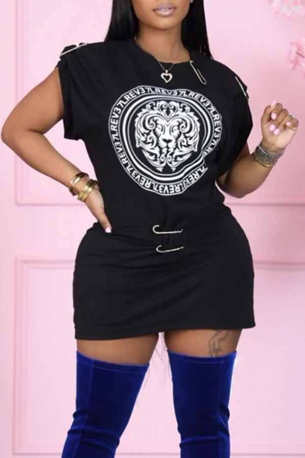 Black Casual Print Patchwork O Neck Short Sleeve Dress Dresses