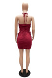 Burgundy Sexy Solid Bandage Patchwork Backless Pencil Skirt Dresses