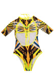 Yellow Sexy Print Bandage Hollowed Out Patchwork Swimwears
