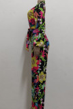 Multicolor Casual Print Split Joint V Neck Straight Jumpsuits