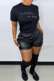 White Fashion Casual Print Patchwork Letter O Neck T-Shirts