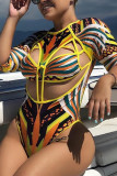 Yellow Sexy Print Bandage Hollowed Out Patchwork Swimwears