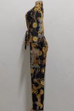 Yellow Casual Print Split Joint V Neck Straight Jumpsuits