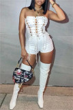 White Fashion Sexy Solid Backless Strap Design Strapless Skinny Romper