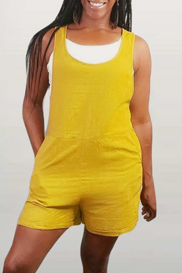 Yellow Fashion Casual Solid Basic O Neck Regular Romper (Without Vest)