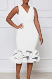 White Fashion Sexy Solid Patchwork V Neck Evening Dress