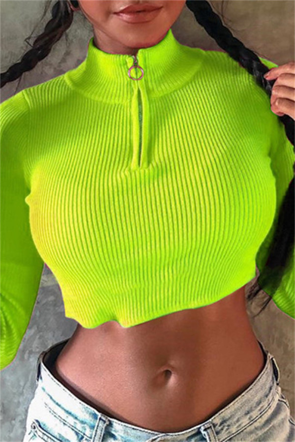 Green Yellow Fashion Casual Solid Patchwork Zipper Collar Tops