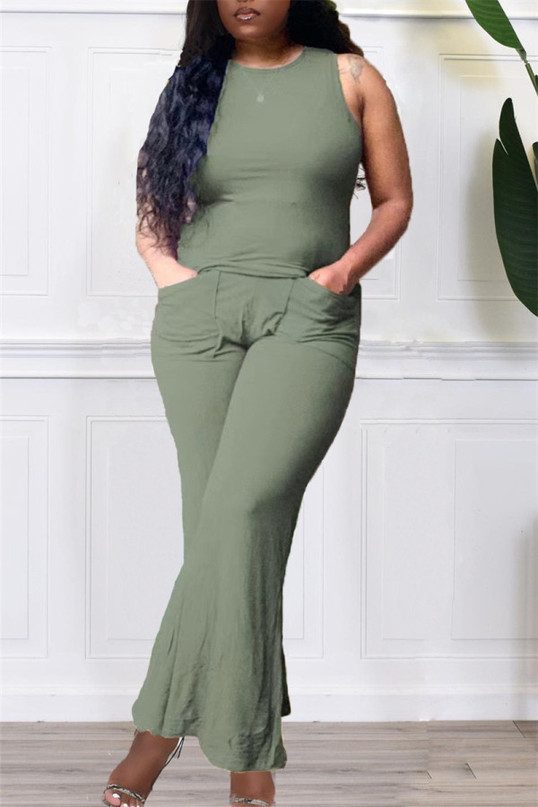Green Fashion Casual Solid Vests Pants O Neck Sleeveless Two Pieces