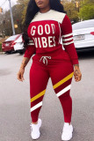 Red Fashion Casual Letter Print Patchwork Hooded Collar Long Sleeve Two Pieces